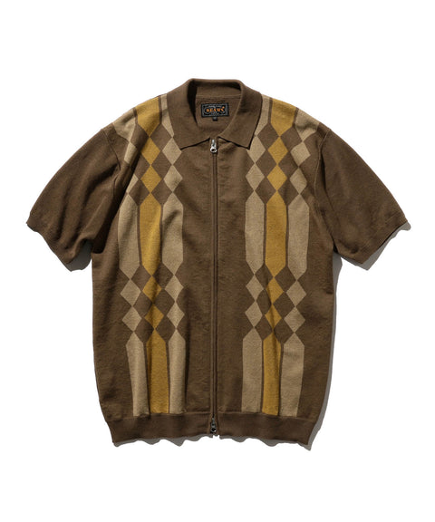 Beams Plus Zip Knit Polo Stripe - Brown
