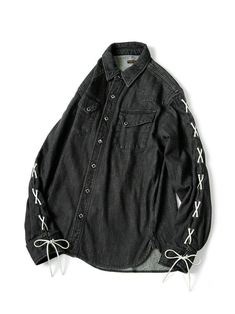 Kapital 8oz black denim lace up western shirt - Black