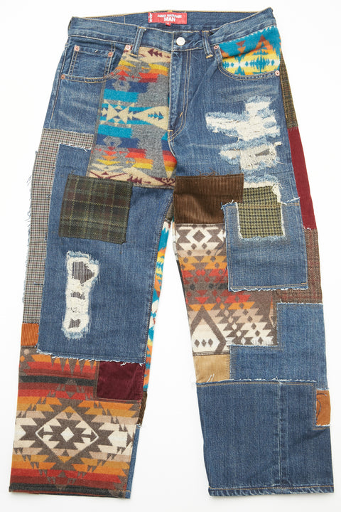 JUNYA WATANABE MAN cotton denim x multi fabrics mix Levi's, PENDLETON triple Pants - Indigo X MIX